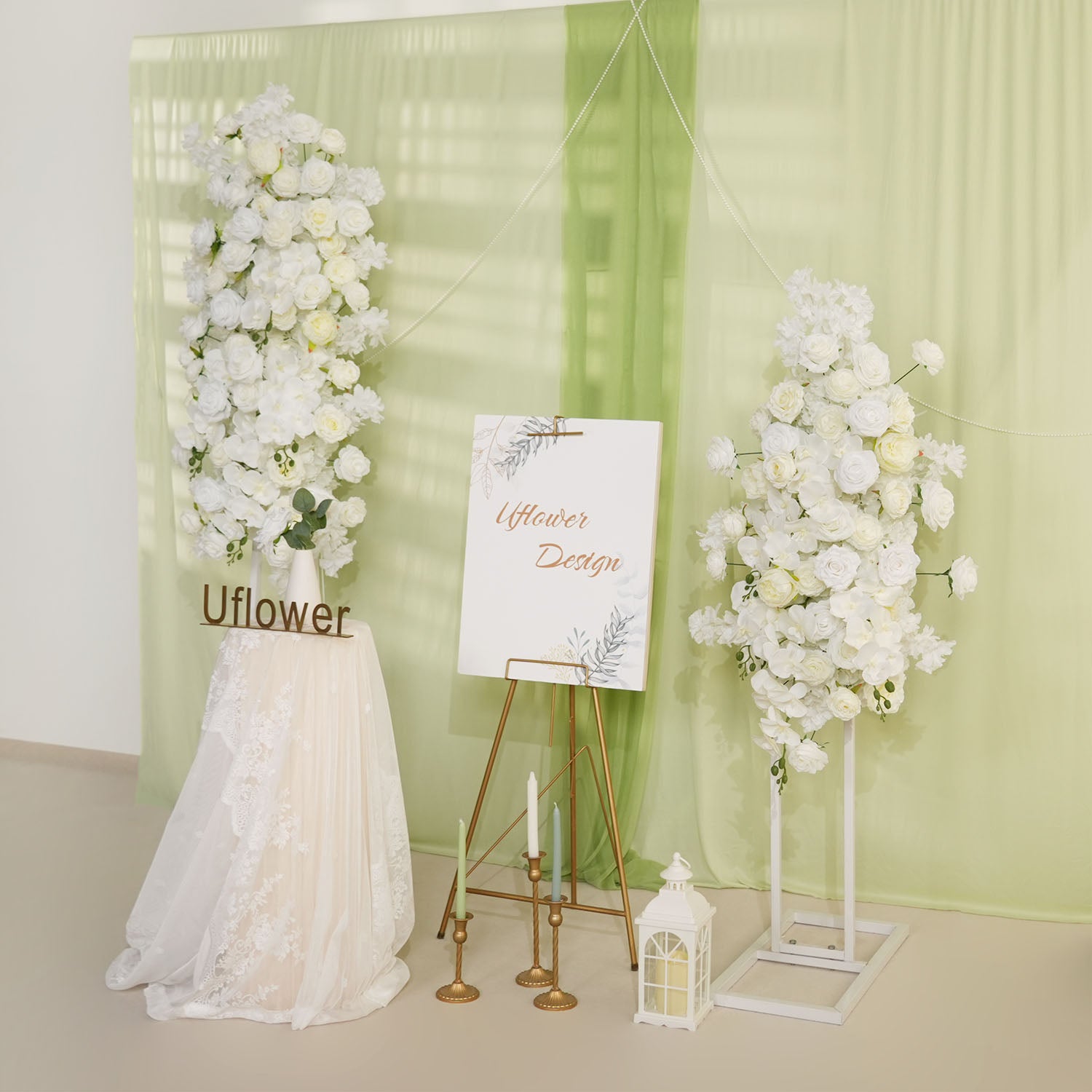 Uflower Artificial White Rose Flower Row Wedding KT Backdrop Decor